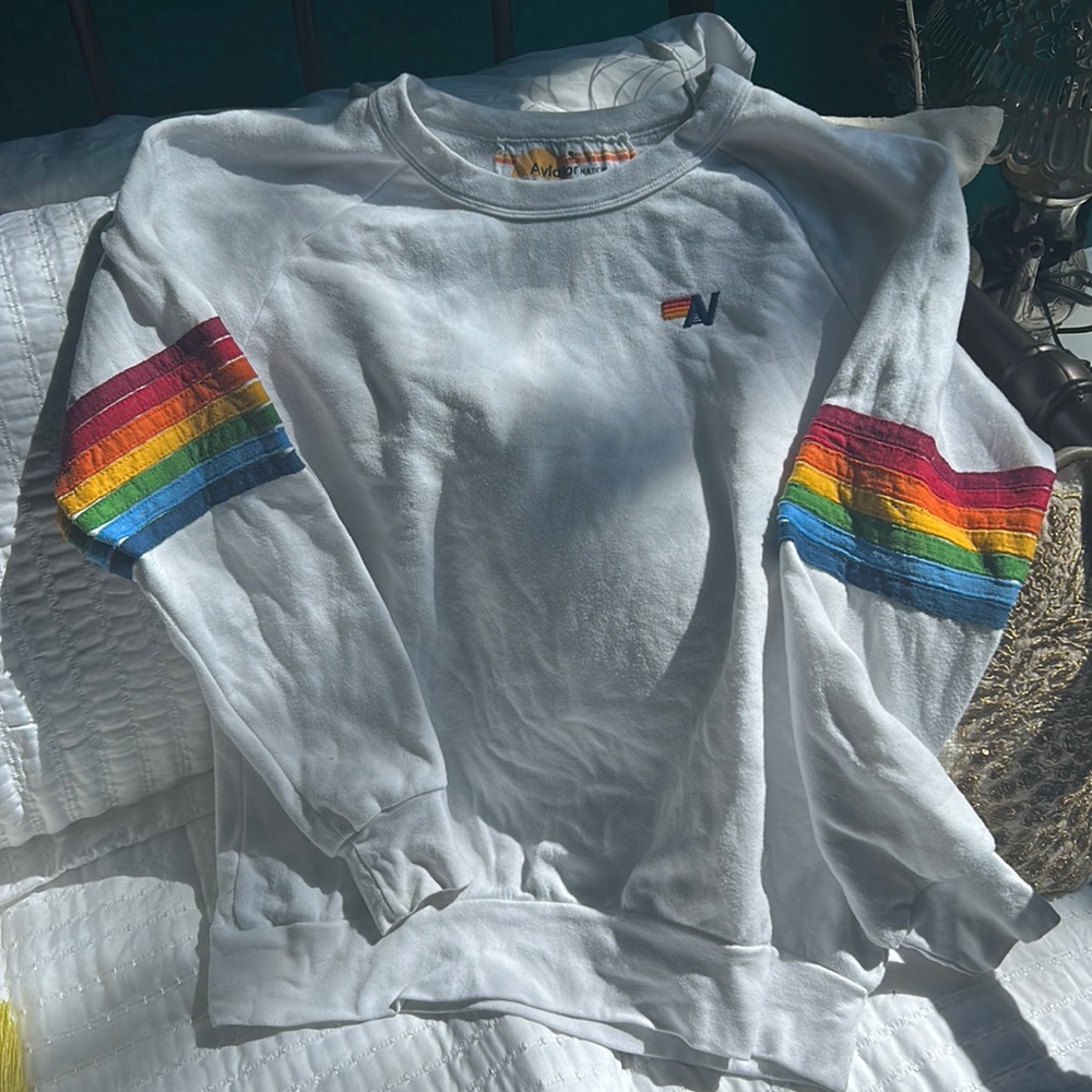 Aviator Nation Rainbow Striped Sleeve Sweatshirt